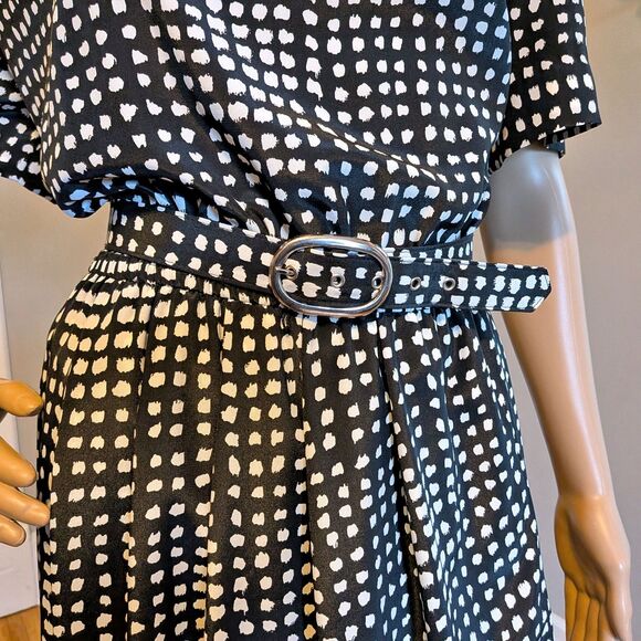 Vintage 80s Leslie Fay Polka Dot Midi Dress, Belted Black, Corpcore Office 14 - Picture 5 of 12